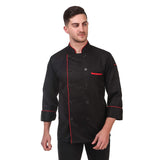 KODENIPR CLUB Men Traditional Black Casual Style Chef Coat Red Piping, Poly/Cotton,Size (X-Large(42)