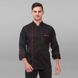KODENIPR CLUB Men Traditional Black Casual Style Chef Coat Red Piping, Poly/Cotton,Size (X-Large(42)