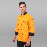 KODENIPR CLUB Men's and Women's Poly-Cotton Black Collar Chef Coat - Size X-Large 42 (Yellow)
