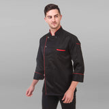 KODENIPR CLUB Men Traditional Black Casual Style Chef Coat Red Piping, Poly/Cotton,Size (X-Large(42)