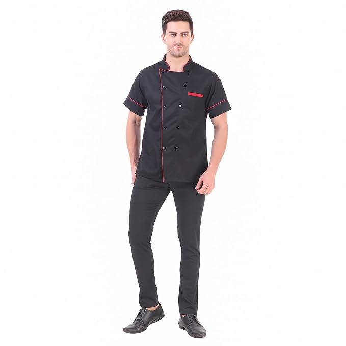 KODENIPR CLUB Royal Series White Chef Coat Black Piping, Half Sleeves, Poly/Cotton, Size