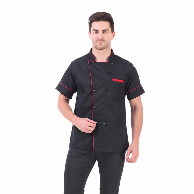 KODENIPR CLUB Royal Series White Chef Coat Black Piping, Half Sleeves, Poly/Cotton, Size