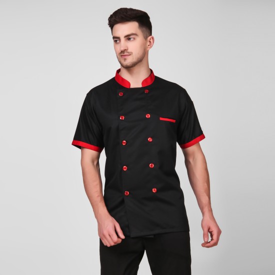 UNISEX Black Chef Jackets Long Sleeve With Red Collar And Button. . 