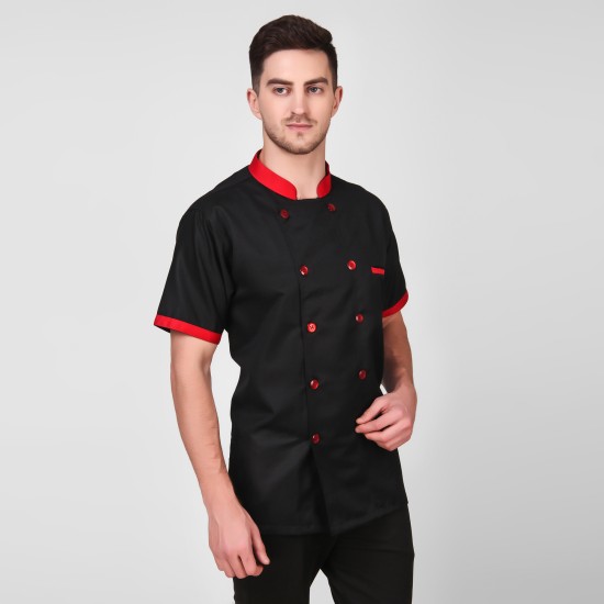 Black Chef Coat Red Collar, Half Sleeves