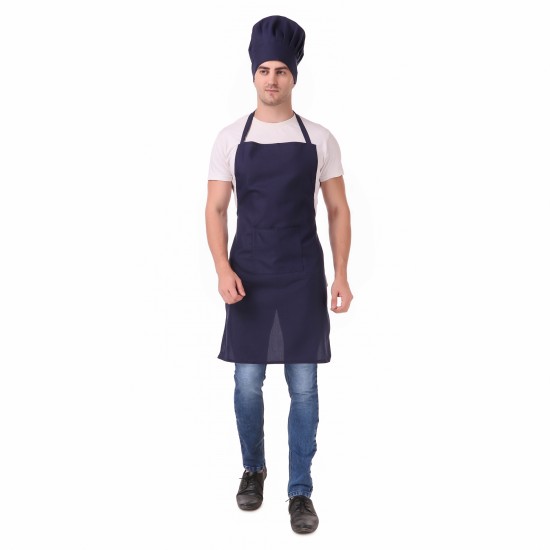 Mens Womens Hotel Cafe Restaurants Catering Cooking Kitchen Chef Apron With Chef Cap Hat (Navy Blue)
