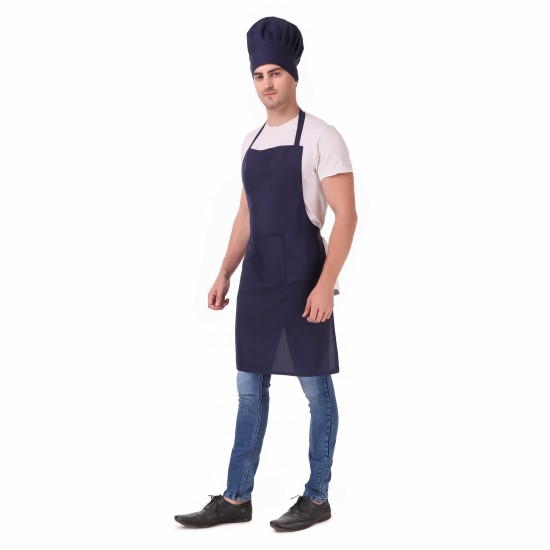 Mens Womens Hotel Cafe Restaurants Catering Cooking Kitchen Chef Apron With Chef Cap Hat (Navy Blue)