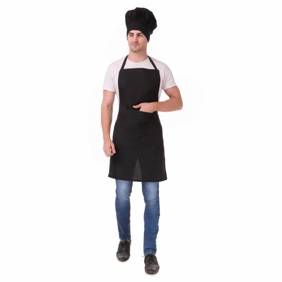 Mens Womens Hotel Cafe Restaurants Catering Cooking Kitchen Chef Apron With Chef Cap Hat (Black)
