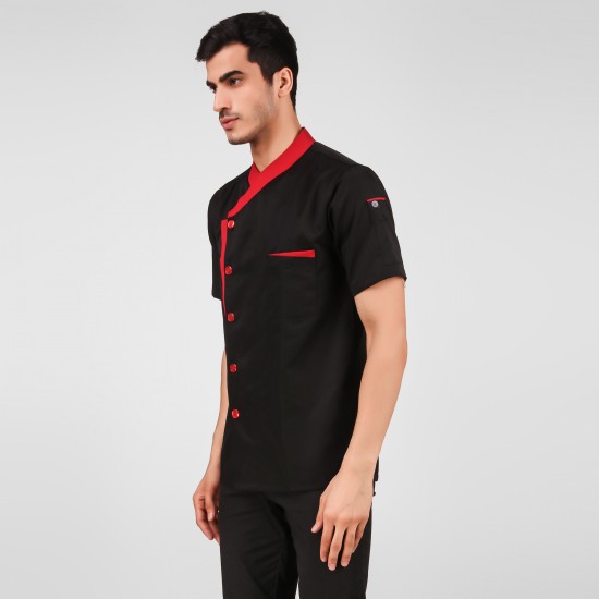 Black Chef Coat Red Contrast, Spliced, Half Sleeves