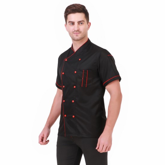 Crossneck Black Chef Coat Red Piping, Half Sleeves