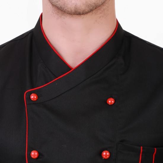 Crossneck Black Chef Coat Red Piping, Half Sleeves
