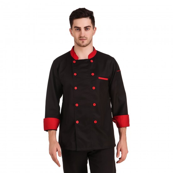 Black Chef Coat Red Collar, Full Sleeves